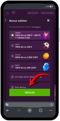 Auswahl eines passenden Bonusangebots im Malina Casino auf Android