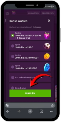 Auswahl des Willkommensbonus im Malina Casino auf iOS