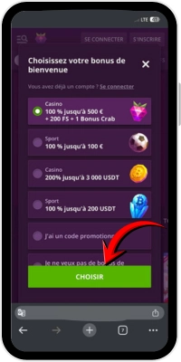 Choix du bonus de bienvenue Malina Casino sur un appareil Android