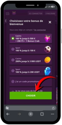 Sélection du bonus de bienvenue Malina Casino sur un appareil iOS