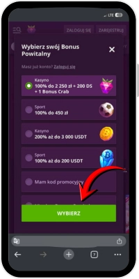 Wybór bonusu powitalnego w aplikacji Malina Casino na Android