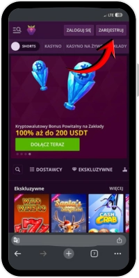 Przycisk rejestracji użytkownika w aplikacji Malina Casino na Android