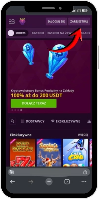 Przycisk rejestracji użytkownika w Malina Casino na urządzeniu iOS
