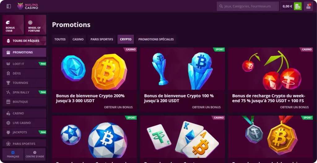 Bonus crypto Malina Casino cryptomonnaies