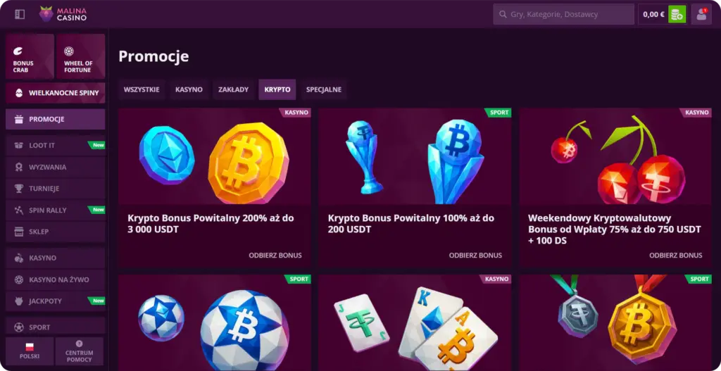 Bonusy krypto Malina Casino kryptowaluty