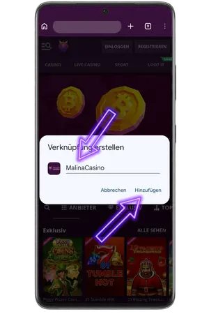 Bestätigen Sie den Casinonamen für die Malina casino mobile App