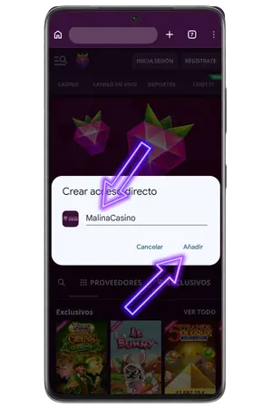 Confirma el nombre del casino para añadir Malina casino App