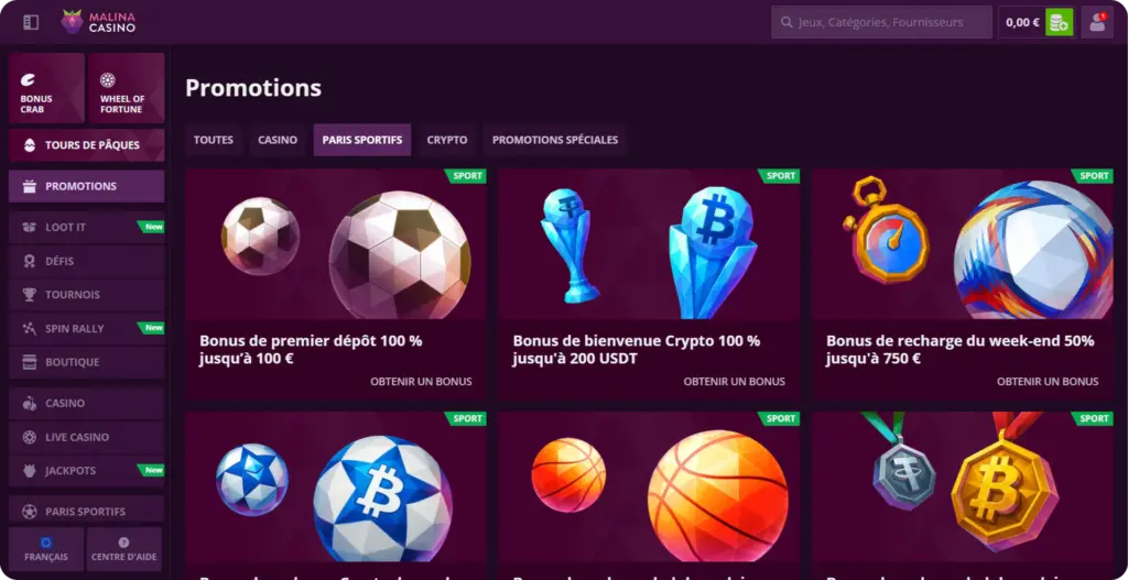 Tableau bonus rechargement Malina Casino hebdomadaire