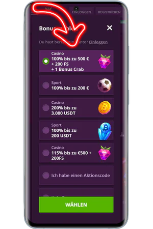 Bonus bei Registrierung auswählen