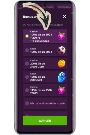 Auswahl eines Bonus bei der Registrierung