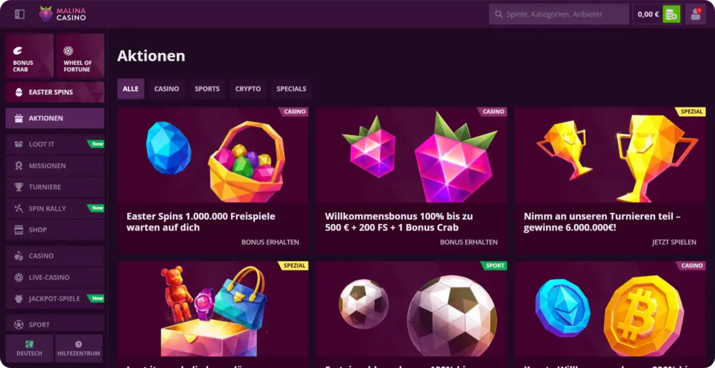 Übersichtstabelle verfügbare Boni Malina Casino