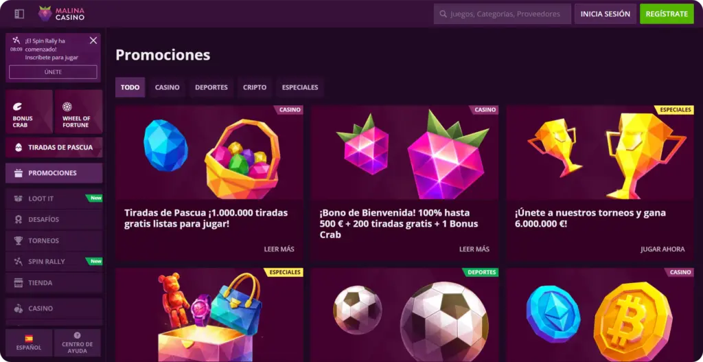 Tabla resumen de todos los bonos disponibles en Malina Casino