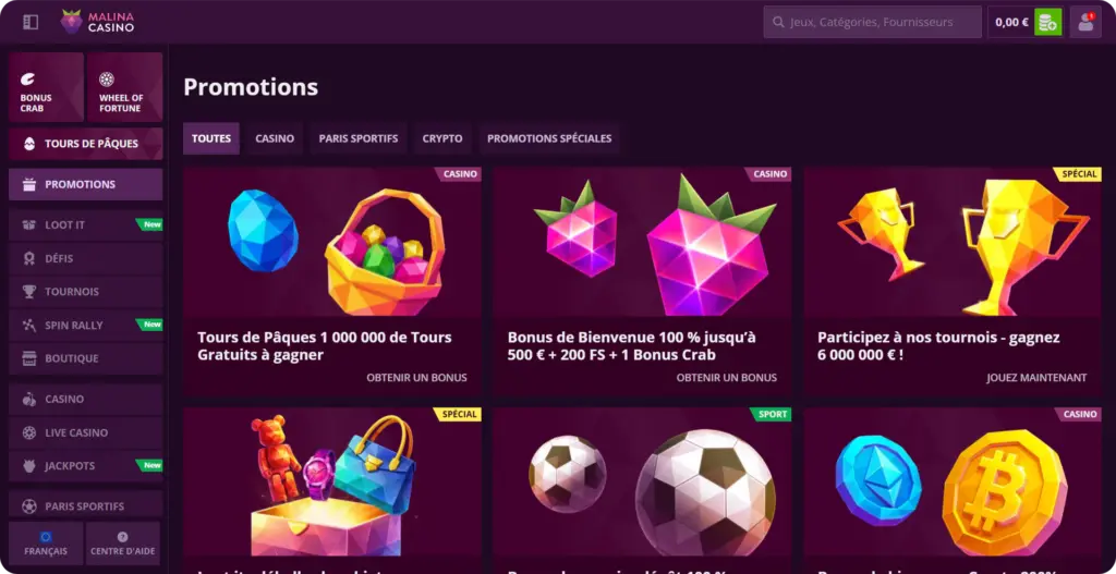 Tableau récapitulatif bonus disponibles Malina Casino