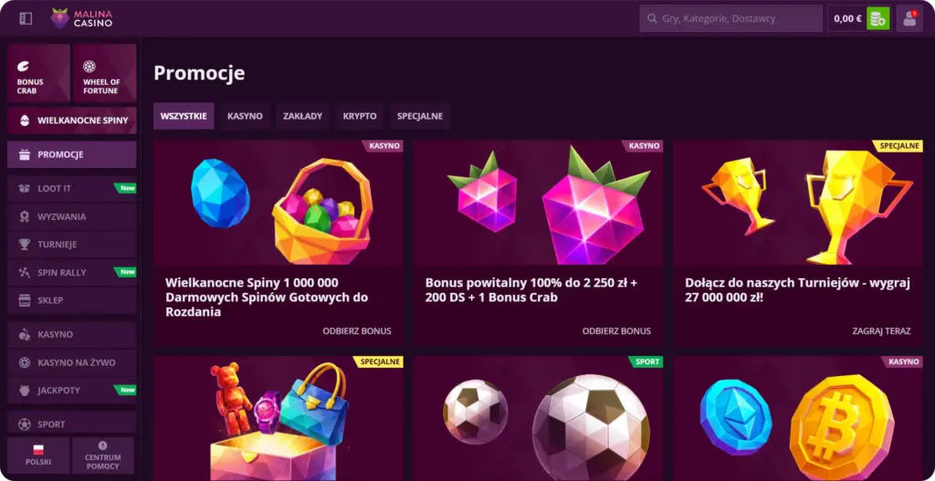 Tabela podsumowanie dostępne bonusy Malina Casino