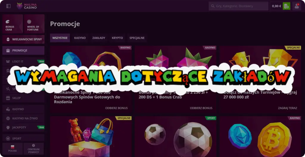 Wymagania obrotu warunki bonusy Malina