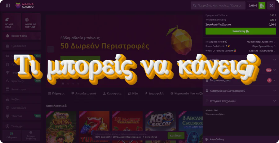 Λειτουργίες λογαριασμού Malina Casino δυνατότητες